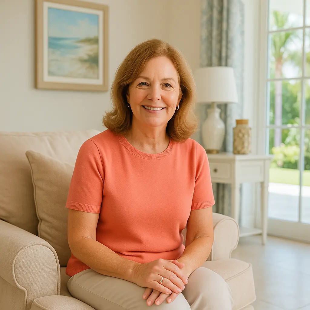 Smiling middle-aged Vero Beach woman in a coral top sitting in her elegant coastal living room.