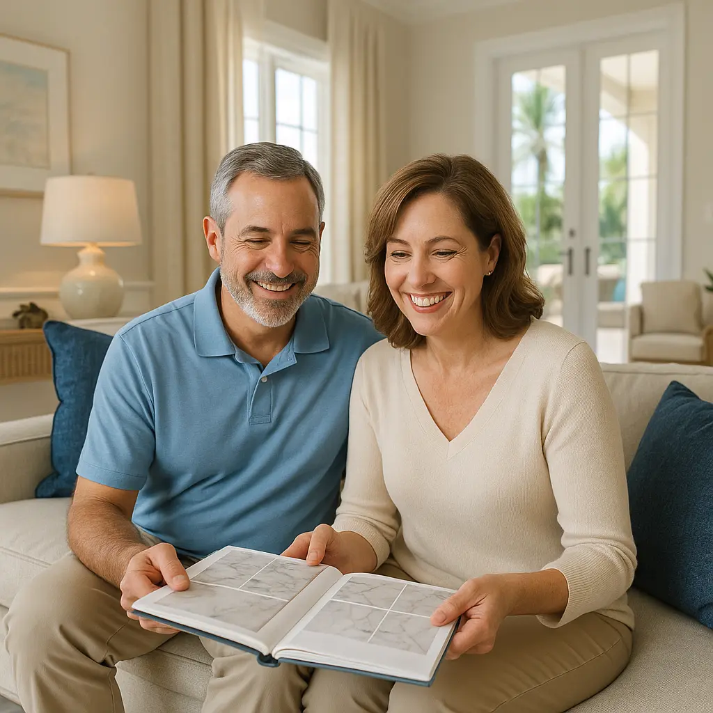Smiling Vero Beach couple reviewing marble tile samples together in their elegant coastal home.