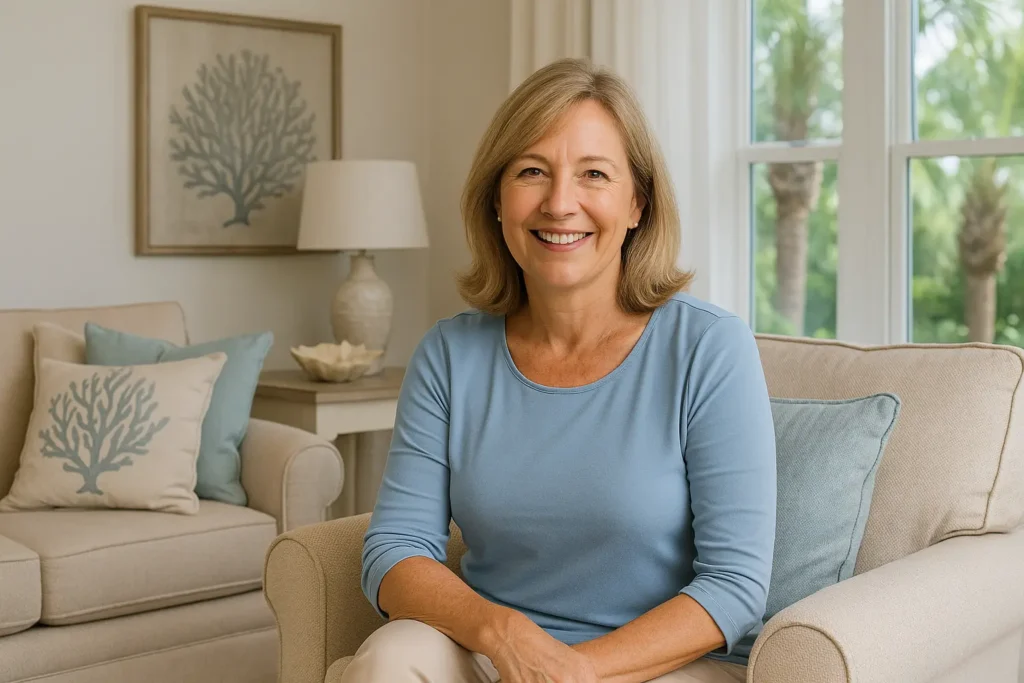 Smiling middle-aged Vero Beach woman sitting in her elegant coastal living room, relaxed and confident.