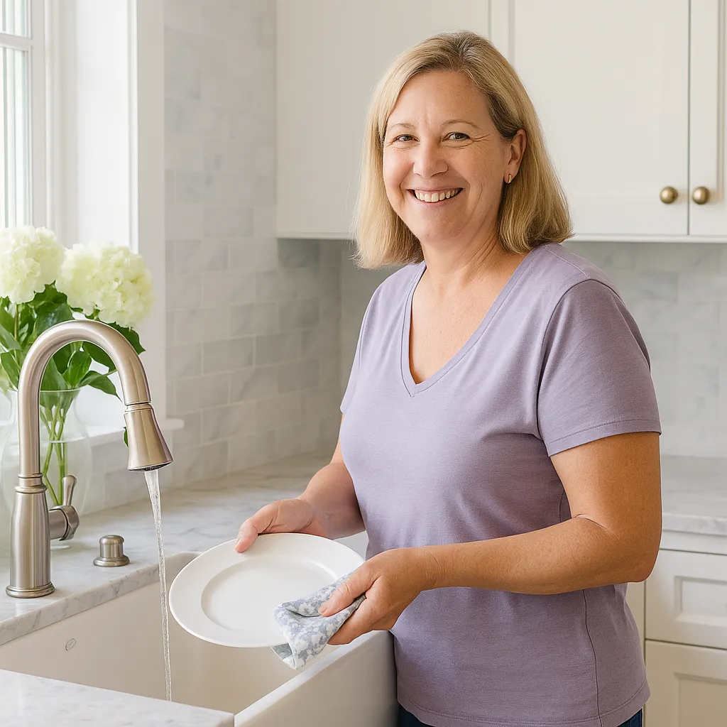 Smiling Vero Beach homeowner standing in a bright kitchen with marble counters and porcelain backsplash.
