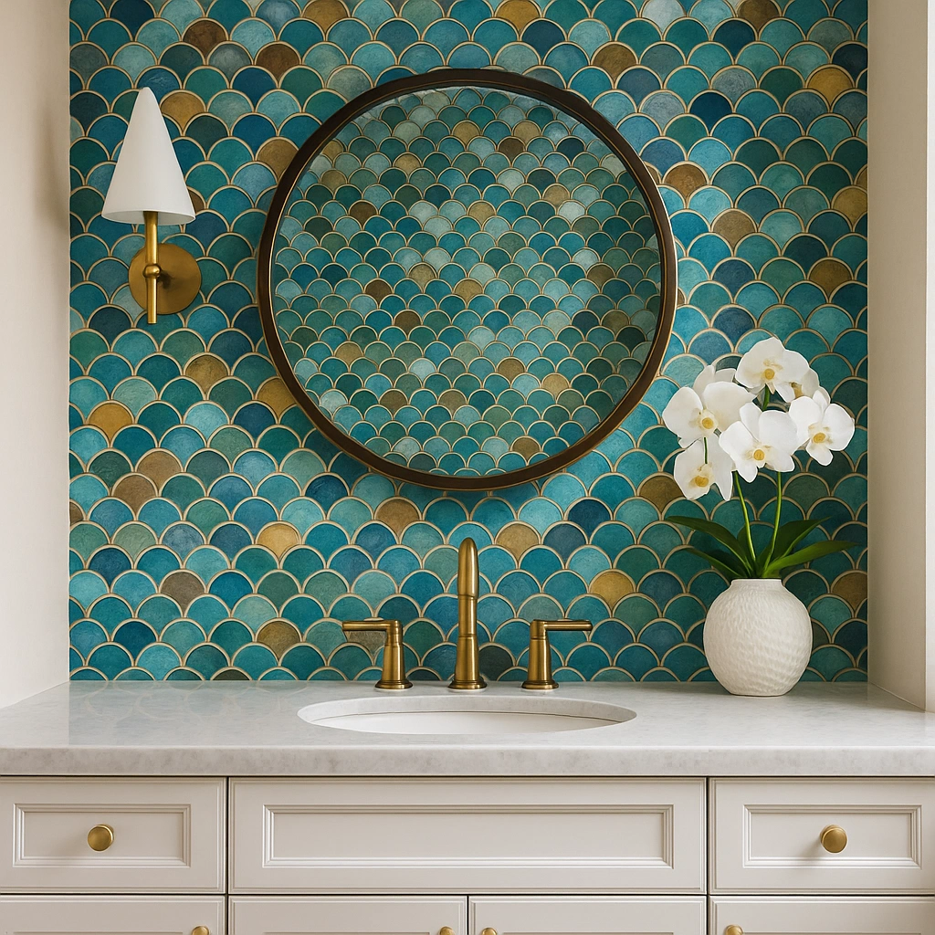 Luxury Vero Beach bathroom vanity with colorful mosaic tile backsplash in coastal tones and brushed gold fixtures.