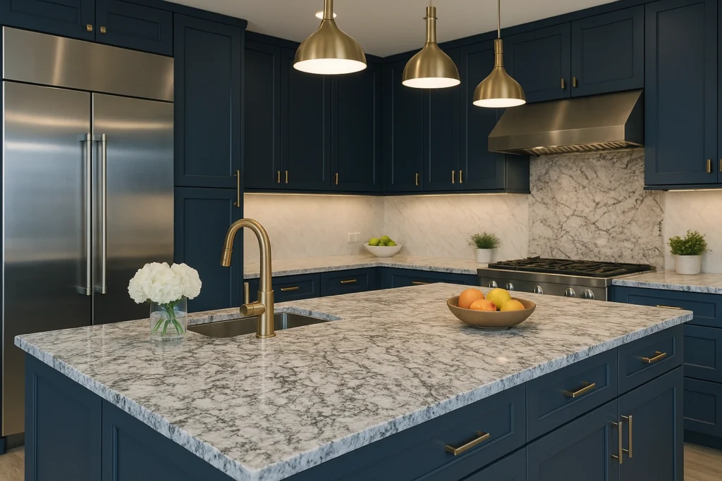 Luxury Vero Beach kitchen with granite countertops, navy cabinetry, and brushed gold fixtures.