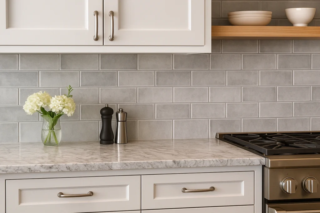 Luxury kitchen backsplash with glossy gray porcelain subway tiles, white cabinetry, and marble countertops.